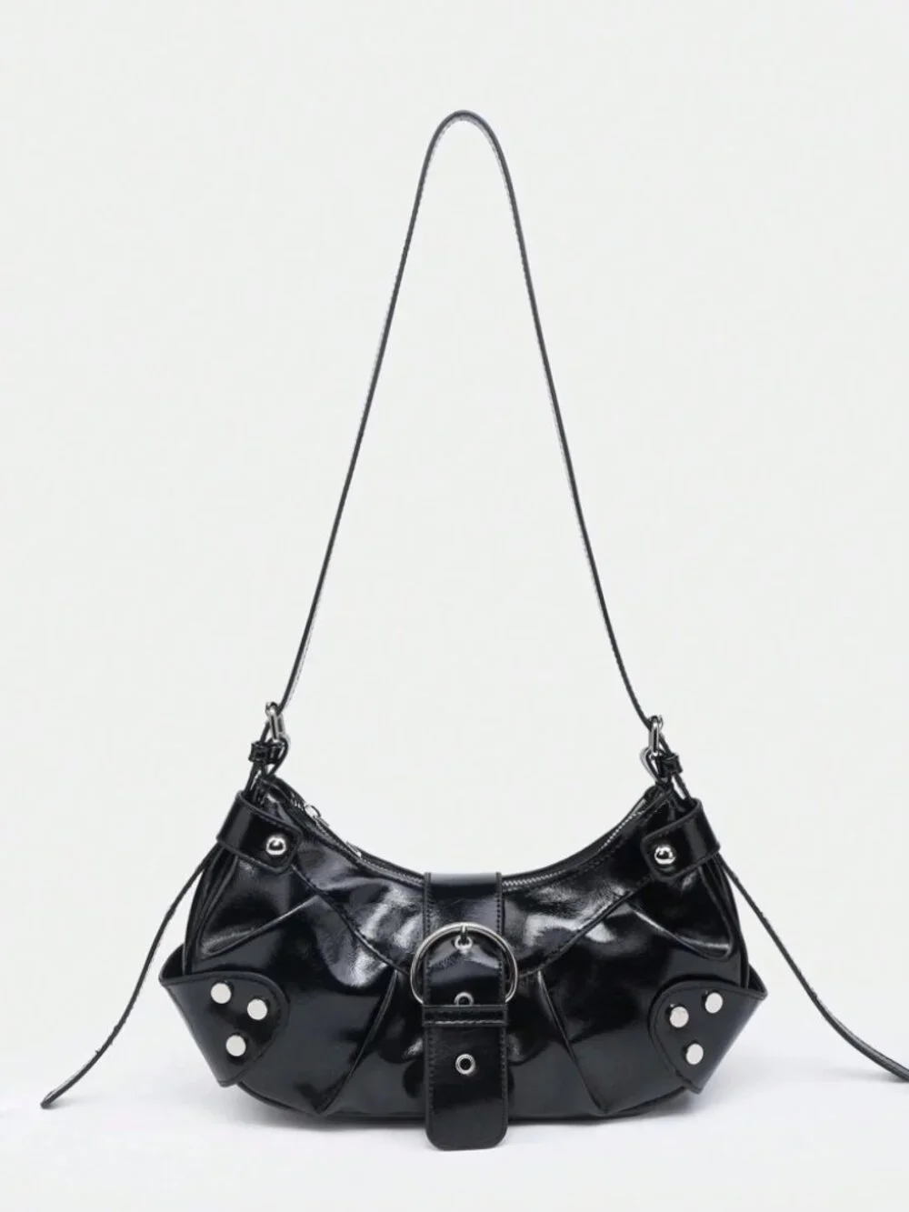 Black Studded Y2K Baguette Bag Vegan Leather Zip Top Handle Purse